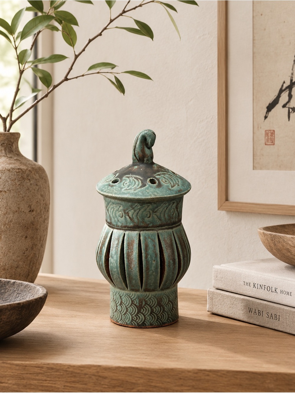 Sculptural Turquoise Glazed Ceramic Lantern /Incense Burner Fish Motif #0630265